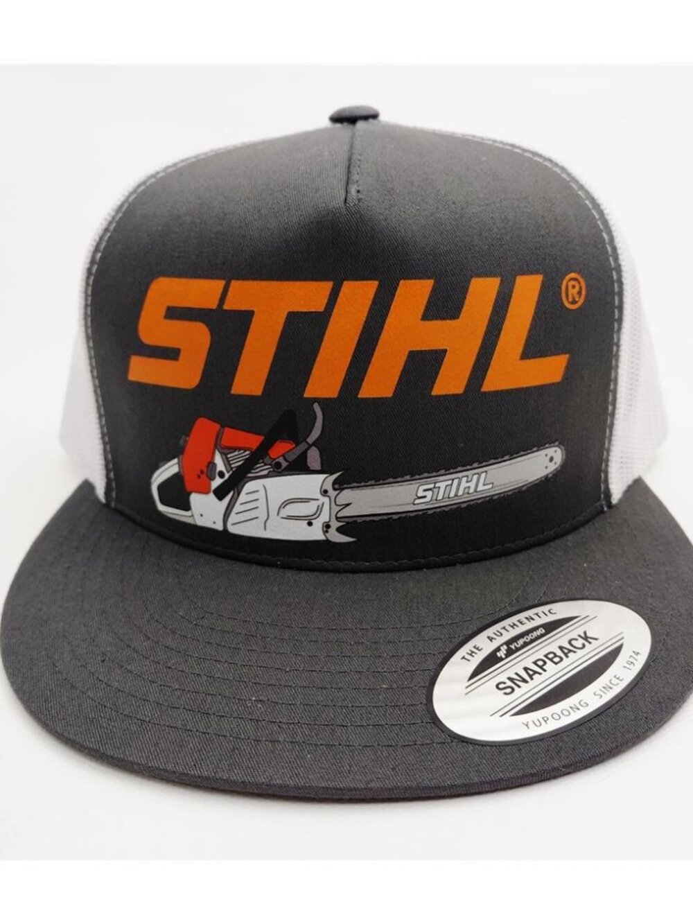 Stihl Chainsaw Logo Trucker Hat Yupoong Flat Bill Mesh Snapback Gray White USA